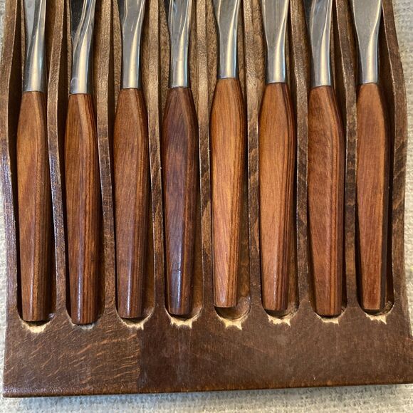 Town & Country MCM Washington Forge 8 Fleetwood Handle Steak knife set Wood Tray - Picture 3 of 6